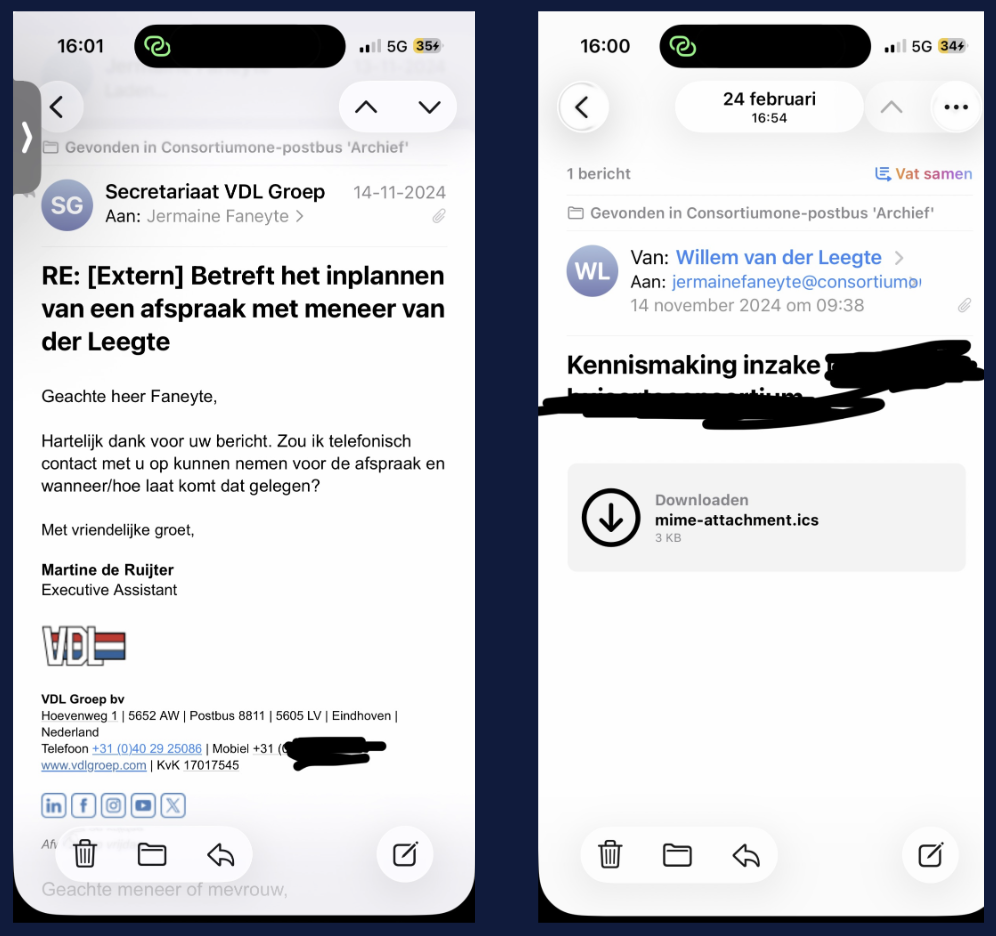 E-mailwisseling met kantoor Willem van der Leegte